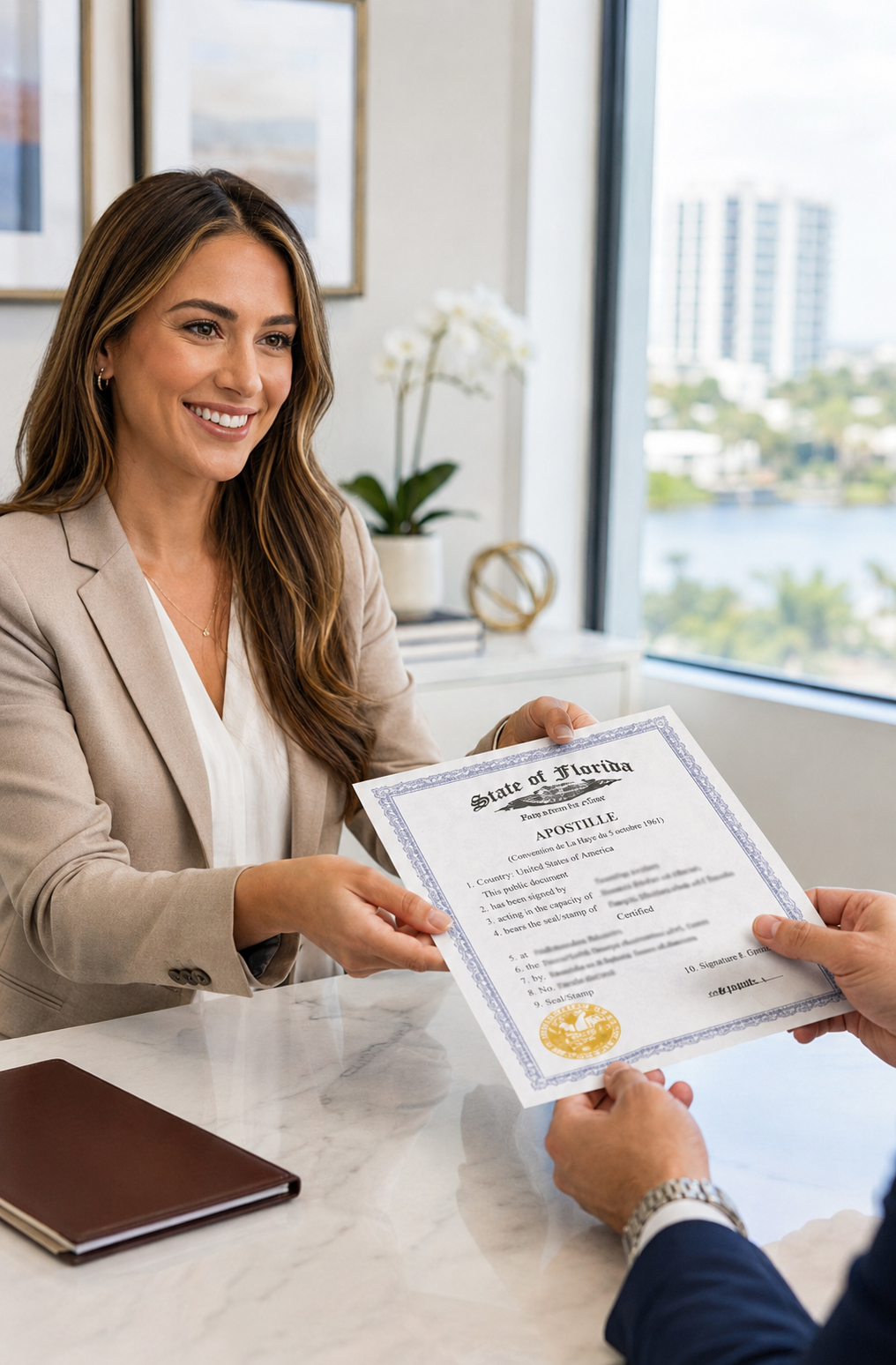 Hillsborough County notary handing apostilled documents to a client