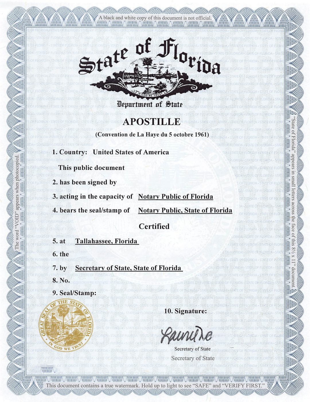 Official Florida Department of State apostille certificate